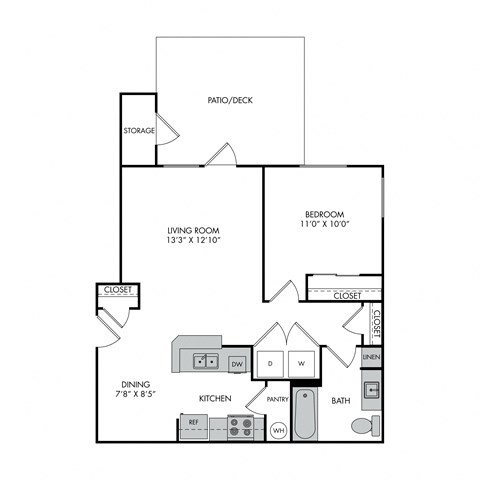 Floor plan for 1 bed, 1 bath, 839 sqft